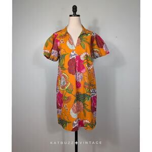 Tropical Short Sleeve Mini Dress S Orange Multi Preppy Beach Cruise Shift Cotton